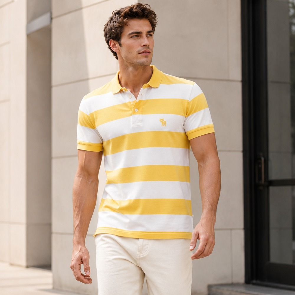 ABERCROMBIE & FITCH Men's Muscle Polo Shirt LARGE Striped Yellow White Logo